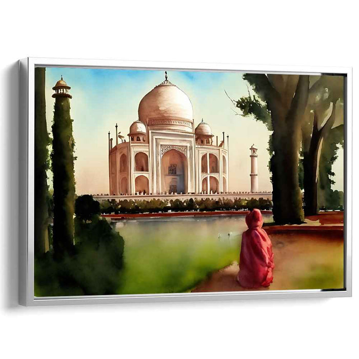 Solitude in Marble Splendor: Watercolor View of the Taj Mahal with Solitary Figure