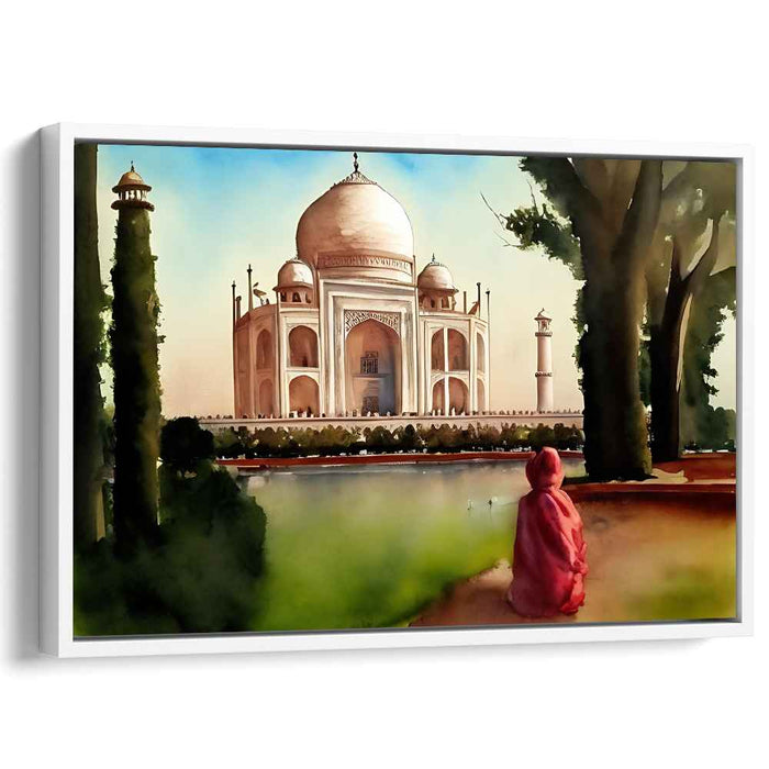 Solitude in Marble Splendor: Watercolor View of the Taj Mahal with Solitary Figure