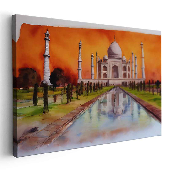 Ink Silhouette Twilight Glow: Watercolor Taj Mahal at Sunset