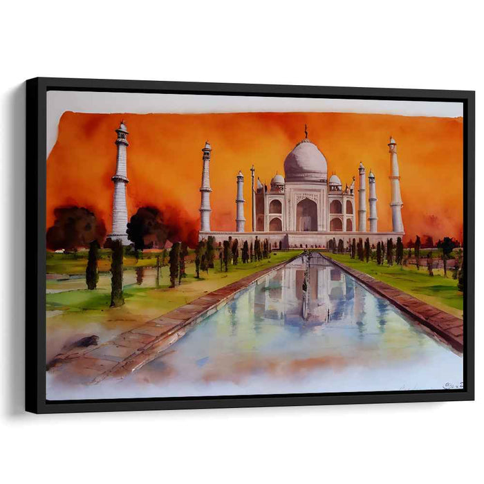 Ink Silhouette Twilight Glow: Watercolor Taj Mahal at Sunset