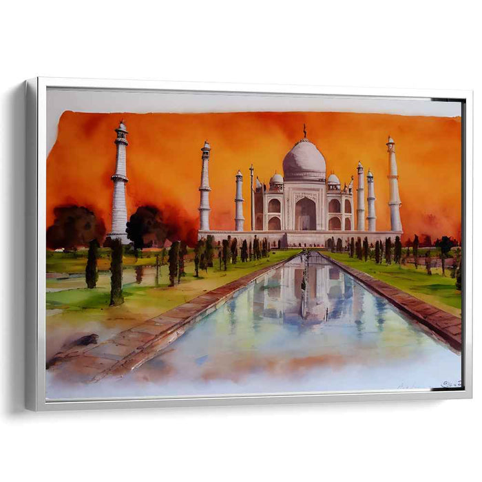 Ink Silhouette Twilight Glow: Watercolor Taj Mahal at Sunset