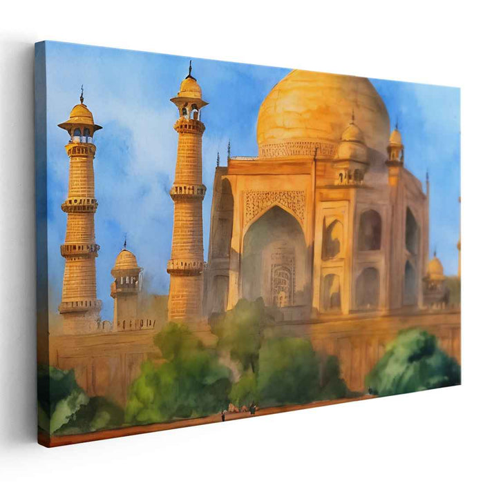 Gilded Monument Reflections: The Golden Taj Mahal Watercolor Canvas Art Print