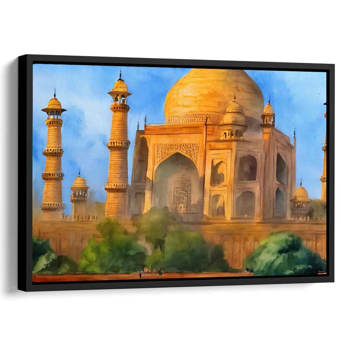 Gilded Monument Reflections: The Golden Taj Mahal Watercolor Canvas Art Print