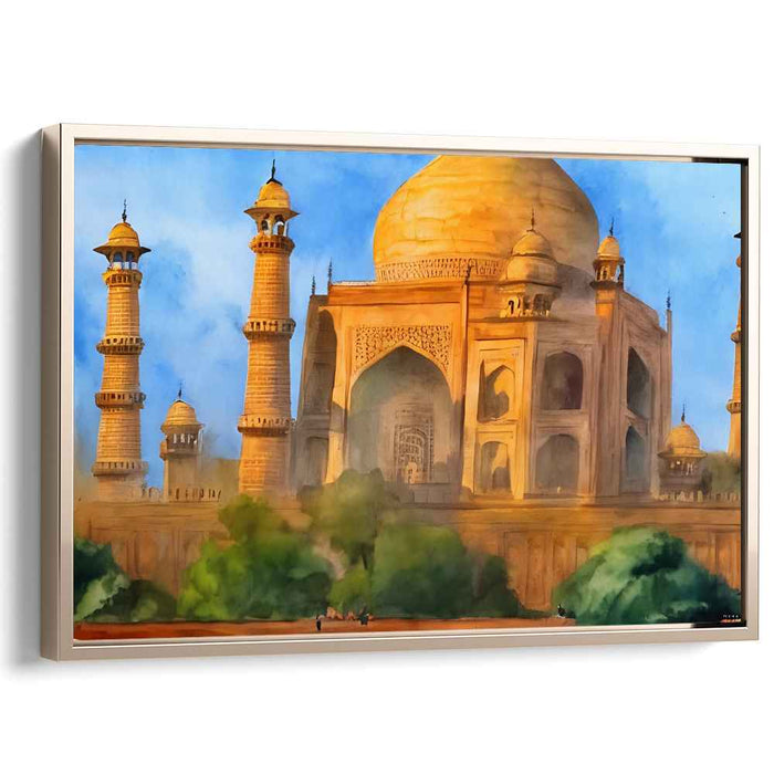 Gilded Monument Reflections: The Golden Taj Mahal Watercolor Canvas Art Print