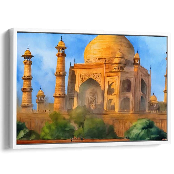Gilded Monument Reflections: The Golden Taj Mahal Watercolor Canvas Art Print