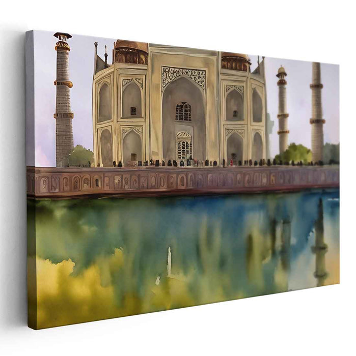 Misty Morning Mughal Majesty: Watercolor Taj Mahal at Dawn Canvas Art