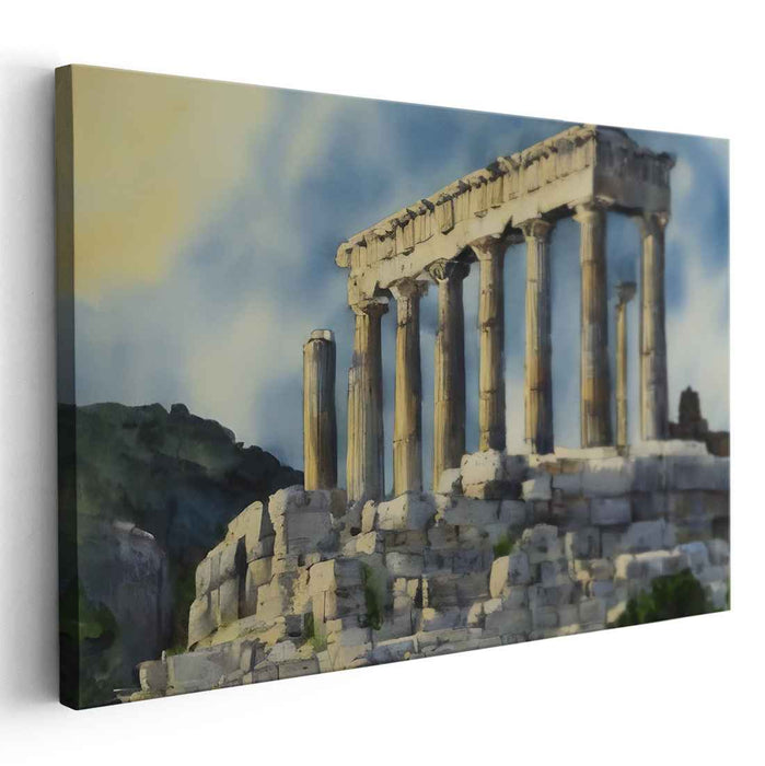 Mythical Waterscape: Classical Greek Temple in Watercolor