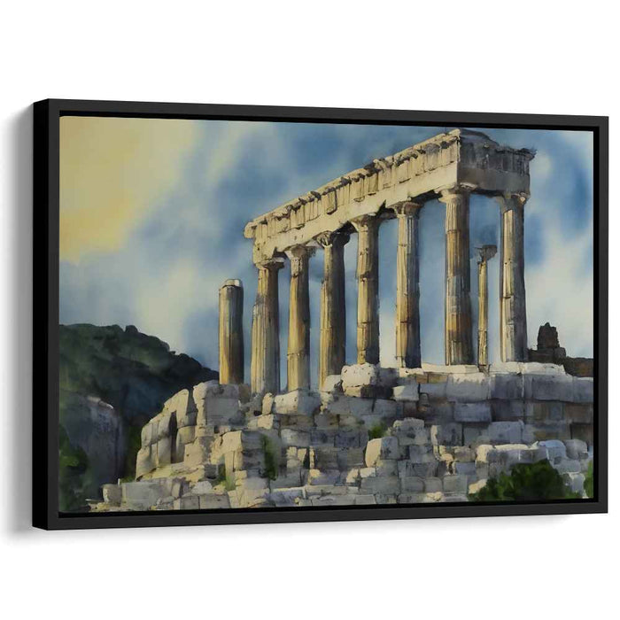 Mythical Waterscape: Classical Greek Temple in Watercolor