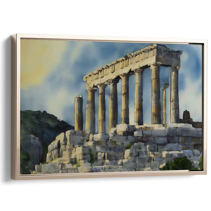 Mythical Waterscape: Classical Greek Temple in Watercolor
