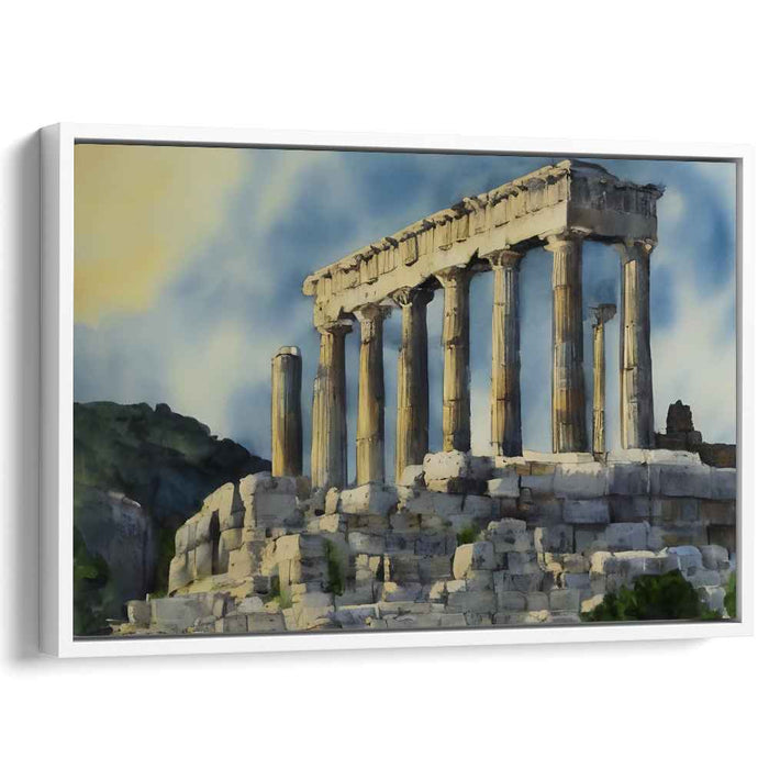 Mythical Waterscape: Classical Greek Temple in Watercolor