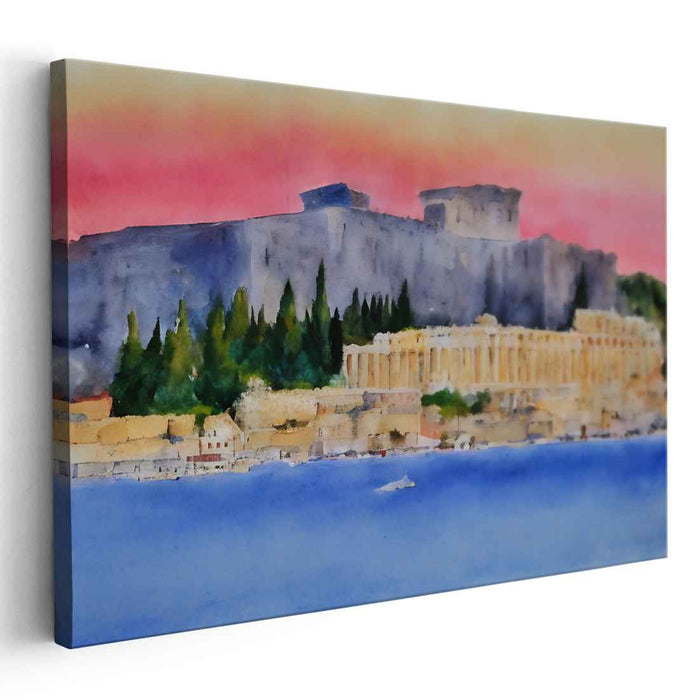 Acropolis Silhouette Glow: Watercolor Sunset Over the Acropolis