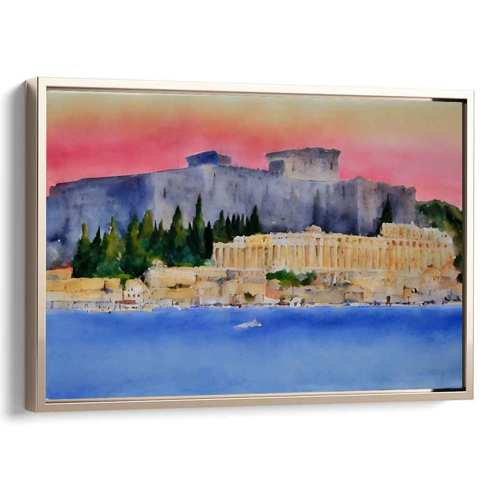 Acropolis Silhouette Glow: Watercolor Sunset Over the Acropolis