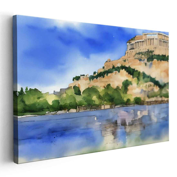 Temple Echoes at Dusk: Watercolor of Ancient Greek Temple on Hill