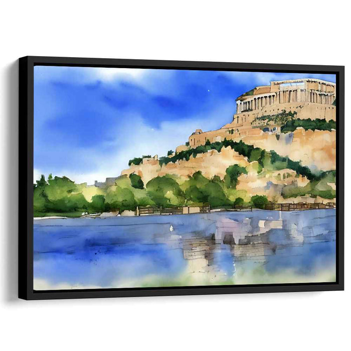 Temple Echoes at Dusk: Watercolor of Ancient Greek Temple on Hill