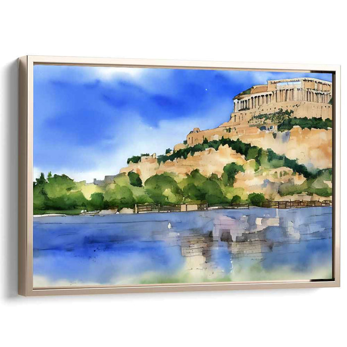 Temple Echoes at Dusk: Watercolor of Ancient Greek Temple on Hill