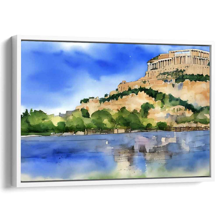 Temple Echoes at Dusk: Watercolor of Ancient Greek Temple on Hill