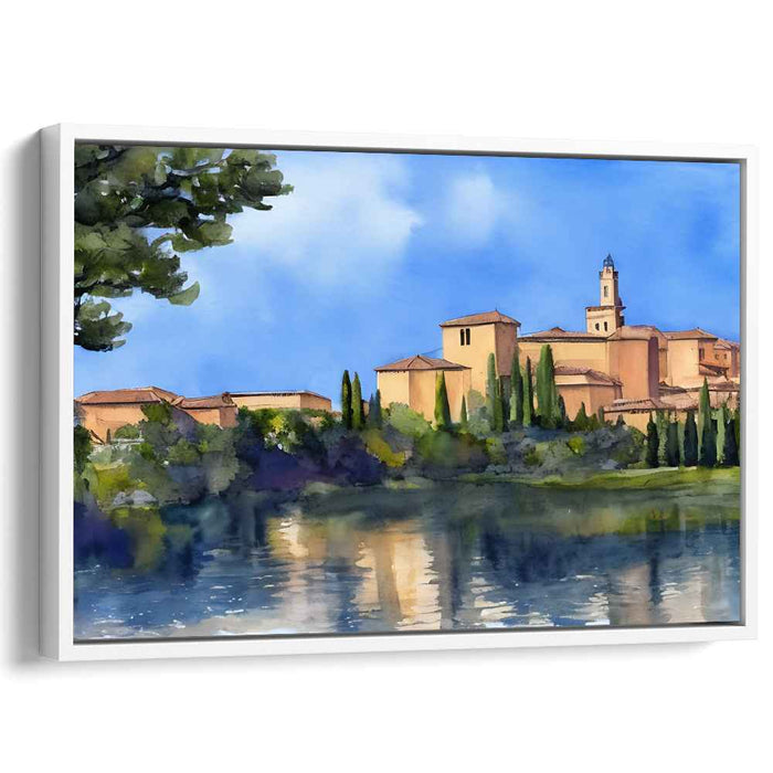 Tranquil Village Reflections: Serene Countryside Watercolor Art Print