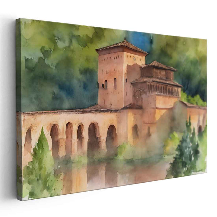 Mossy Citadel Impressions: Watercolor Castle in Verdant Landscape