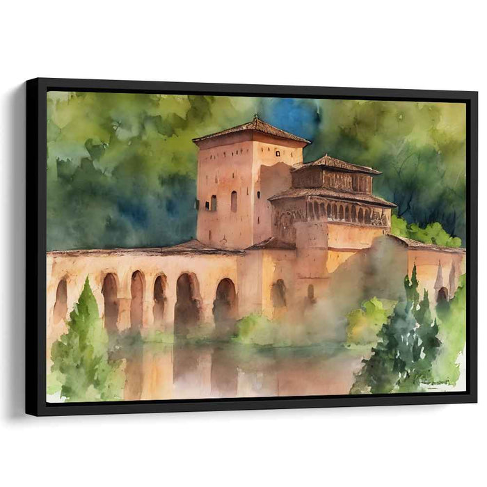 Mossy Citadel Impressions: Watercolor Castle in Verdant Landscape