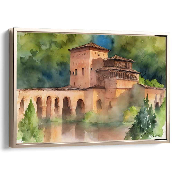 Mossy Citadel Impressions: Watercolor Castle in Verdant Landscape