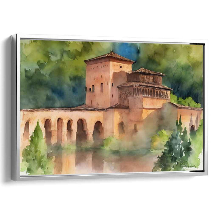 Mossy Citadel Impressions: Watercolor Castle in Verdant Landscape