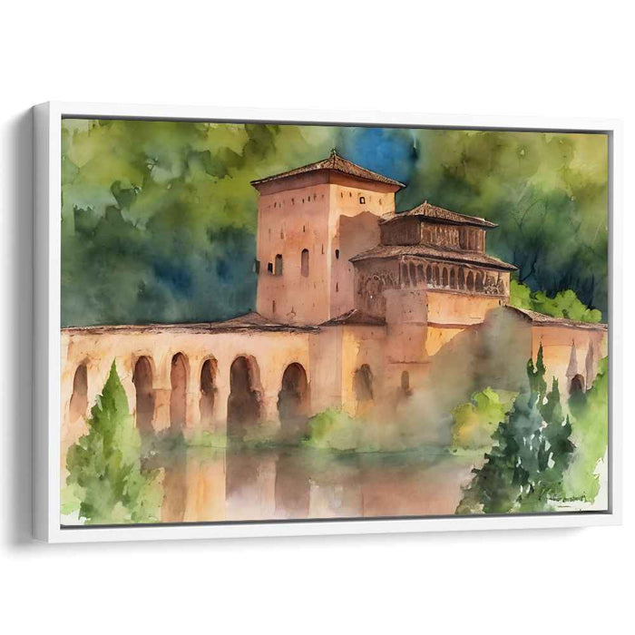 Mossy Citadel Impressions: Watercolor Castle in Verdant Landscape