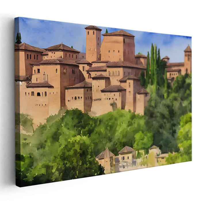 Castle Wisdom: Serene Watercolor Landscape of Historical Castle