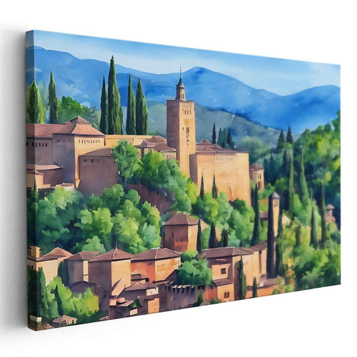Ancient Echoes Palace View: Watercolor Landscape of Historic Alhambra