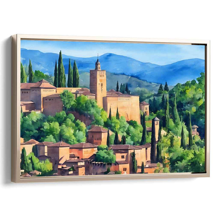 Ancient Echoes Palace View: Watercolor Landscape of Historic Alhambra