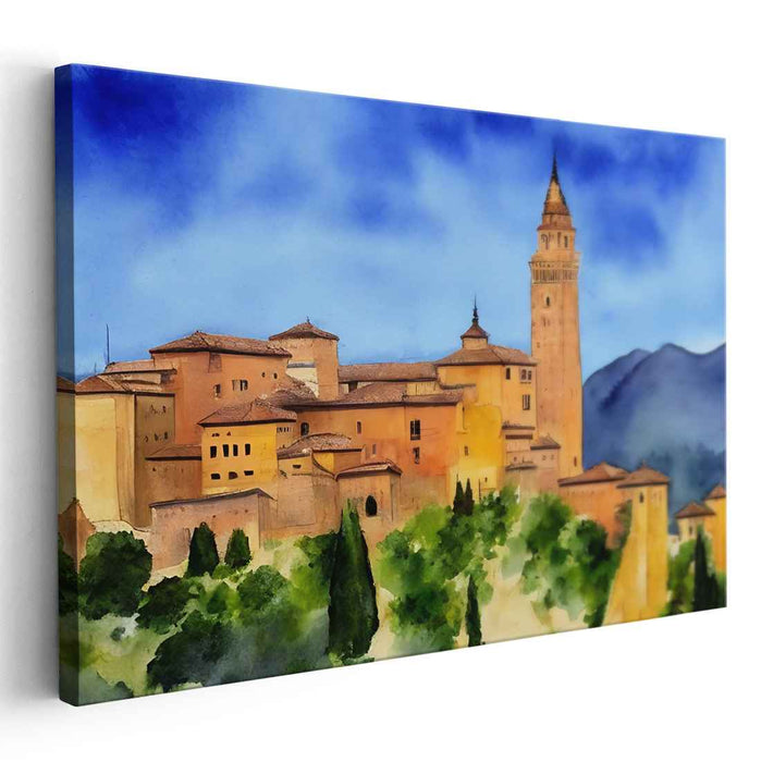 Timepiece Terrain: Watercolor Landscape with Majestic Clock Tower
