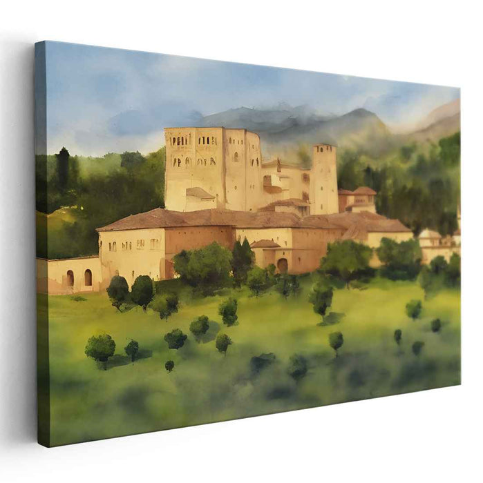 Castle Mistscape: Enchanting Watercolor Landscape of an Ancient Castle