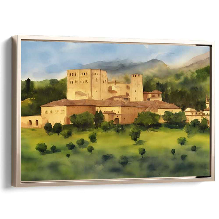 Castle Mistscape: Enchanting Watercolor Landscape of an Ancient Castle