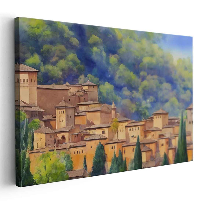 Tranquil Village Escape: Romantic Watercolor Landscape Art Print