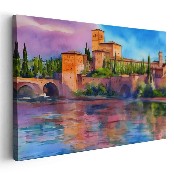 Riverside Fortress Serenity: Tranquil Castle by the River Canvas Art Print