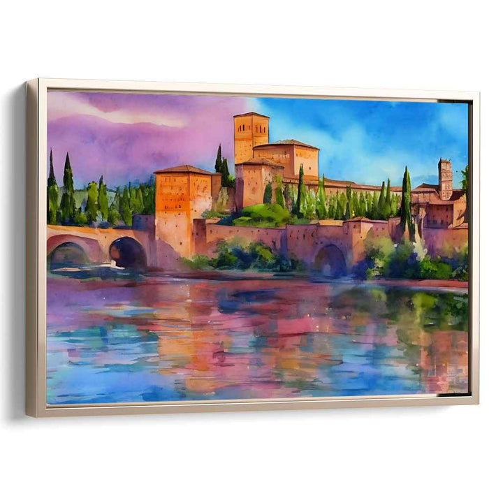 Riverside Fortress Serenity: Tranquil Castle by the River Canvas Art Print