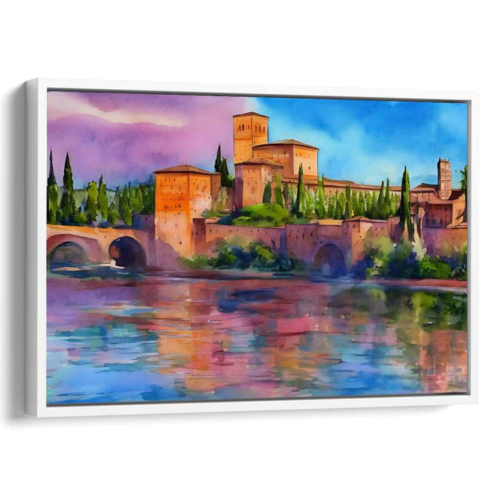 Riverside Fortress Serenity: Tranquil Castle by the River Canvas Art Print