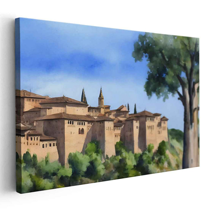 Aquarelle Fortress Whispers: Timeless Watercolor of an Ancient Castle