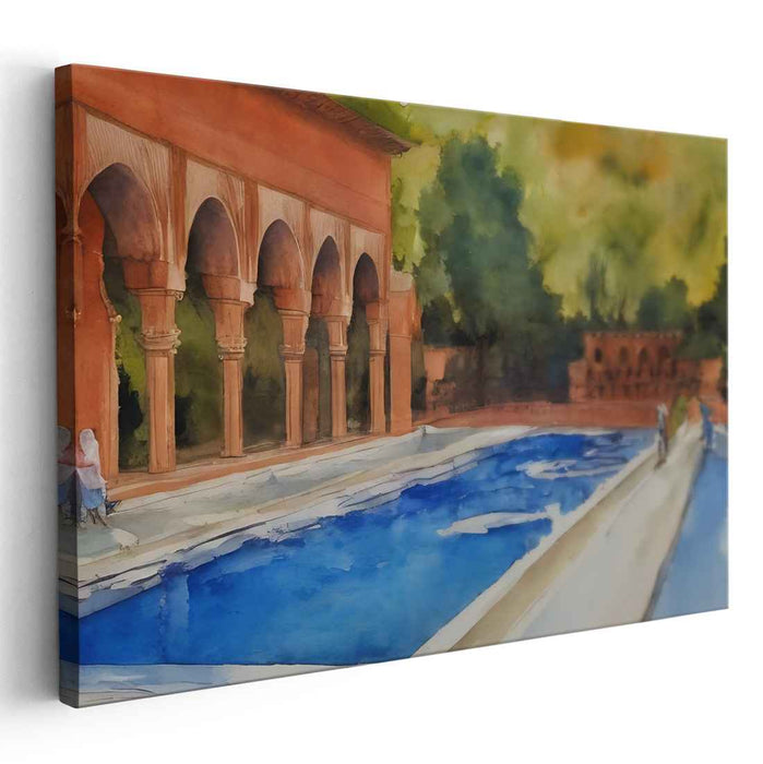 Serene Mediterranean Courtyard: Watercolor Dreamscape of Arched Colonnades and Reflective Pool