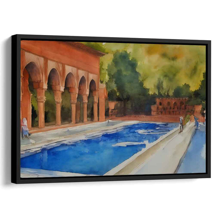 Serene Mediterranean Courtyard: Watercolor Dreamscape of Arched Colonnades and Reflective Pool