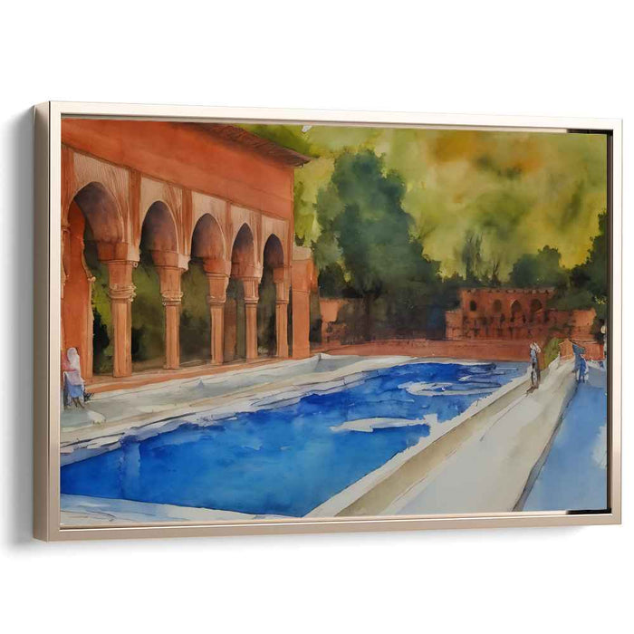 Serene Mediterranean Courtyard: Watercolor Dreamscape of Arched Colonnades and Reflective Pool