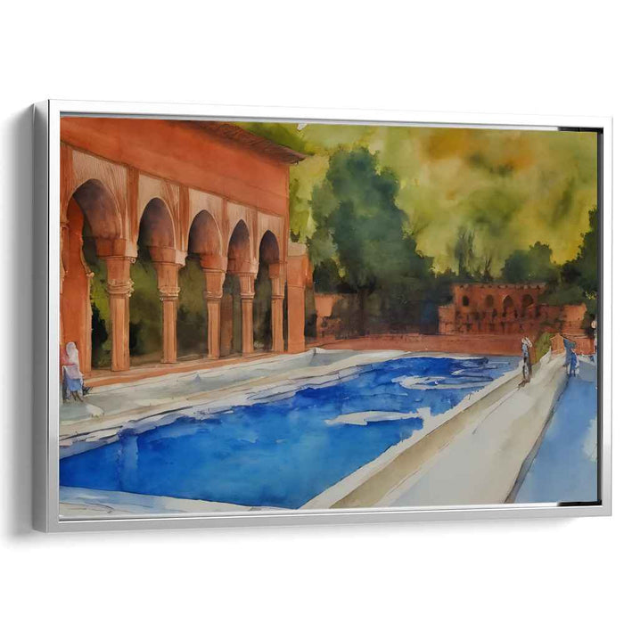 Serene Mediterranean Courtyard: Watercolor Dreamscape of Arched Colonnades and Reflective Pool