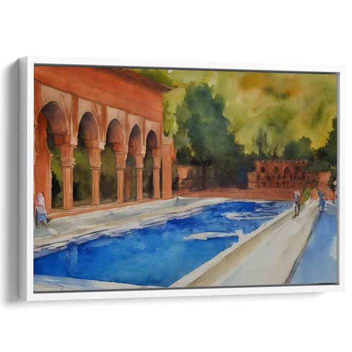 Serene Mediterranean Courtyard: Watercolor Dreamscape of Arched Colonnades and Reflective Pool