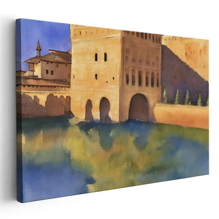 Aquatint Citadel Tranquility: Watercolor Castle Serenity Canvas Art Print