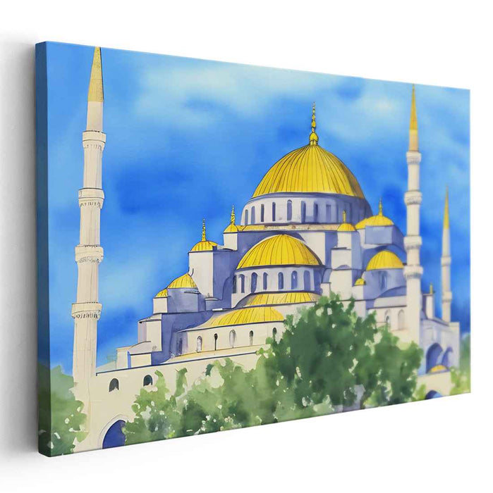 Whispers of Tranquil Minarets: Serene Watercolor Mosque Canvas Art Print