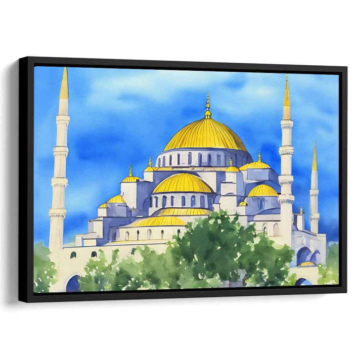 Whispers of Tranquil Minarets: Serene Watercolor Mosque Canvas Art Print