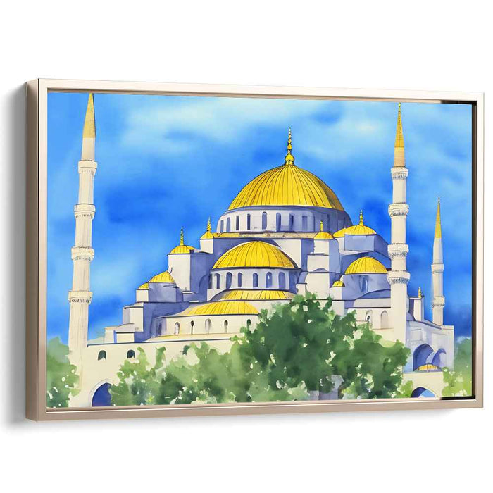 Whispers of Tranquil Minarets: Serene Watercolor Mosque Canvas Art Print