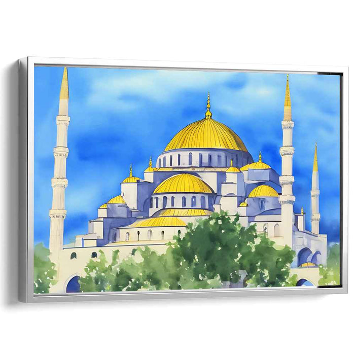 Whispers of Tranquil Minarets: Serene Watercolor Mosque Canvas Art Print