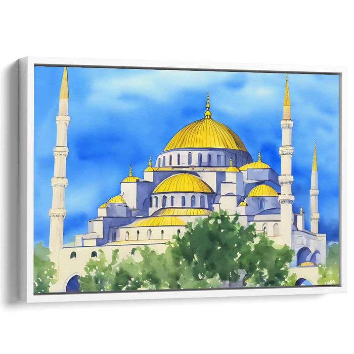 Whispers of Tranquil Minarets: Serene Watercolor Mosque Canvas Art Print