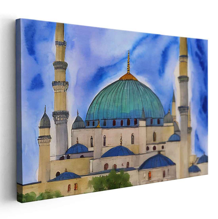 Azure Serenity on Canvas: Turquoise Domed Mosque Watercolor Canvas Art