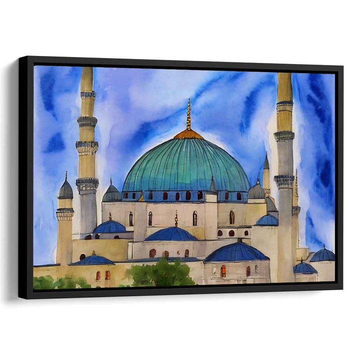 Azure Serenity on Canvas: Turquoise Domed Mosque Watercolor Canvas Art